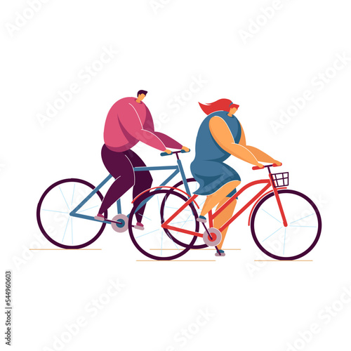 Happy cartoon family riding bikes together in park. Flat vector illustration. Couple during outdoor activities on white background. Healthy lifestyle, sport concept