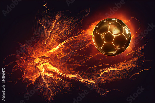 A soccer ball frying through the air with blazing fire trail on background © TKL