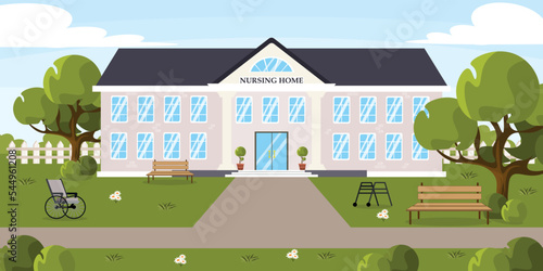 Fototapeta Naklejka Na Ścianę i Meble -  Vector illustration of modern nursing home. Cartoon urban buildings with flower lawn, benches, trees, wheelchairs.