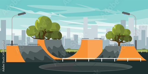 Vector illustration of innovative skate park. Cartoon urban buildings for the entertainment of young people with different jumps, slides and partitions with the city in the background.