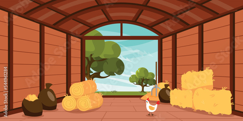 Vector illustration of interior barn. Cartoon interior with hay in bags, haystack, bales, chicken against the backdrop of trees.