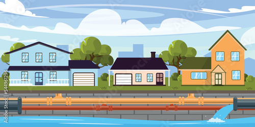 Vector illustration of innovative underground pipelines. Cartoon urban buildings with different underground pipes, houses, trees with the city in the background.