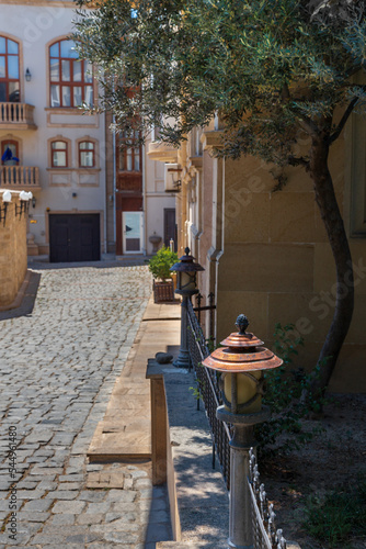 Narrow alley in old town with stone houses, wrought iron and green bushes, Baku, Azerbaijan © Igor