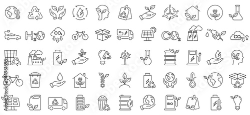 Eco Alternative Natural Renewable Energy Line Icon Set. Electricity Power Pictogram. Environment Conservation Outline Symbol. Ecological Recycle Source. Editable Stroke. Isolated Vector Illustration