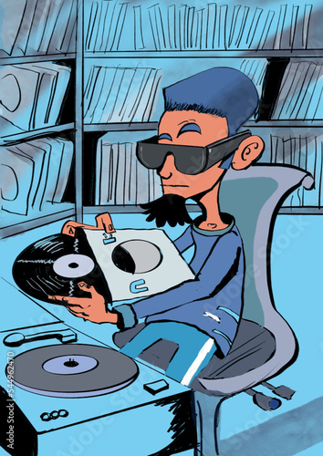 Vinyl Fanatic a cartoon drawing of a music fan as he dusts off his precious vinyl record 