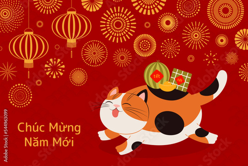 2023 Lunar New Year Tet cute cat, rice cakes, watermelon, gold, lanterns, fireworks, Vietnamese text Happy New Year. Hand drawn vector illustration. Flat style design. Concept for card, poster, banner