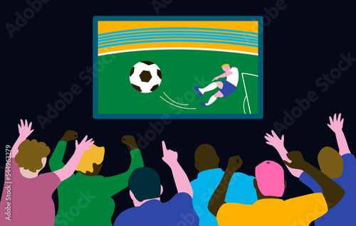 People fans watching soccer match on tv. Flat vector stock illustration with football players on TV.Vector illustration.