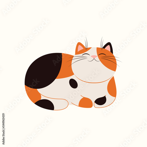Cute cartoon cat lying down. Vietnamese zodiac sign, astrological symbol. Domestic animal, pet, isolated on white. Vector illustration. Flat style design. 2023 Lunar New Year, Tet card, banner element