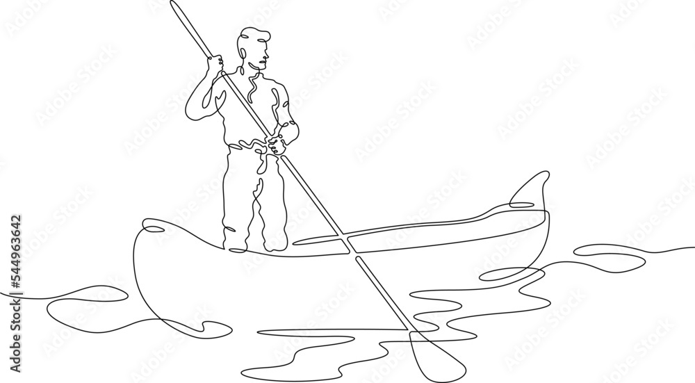 One continuous line. A man in a boat with an oar. Boatman. The boat floats on the water. One continuous line on a white background.
