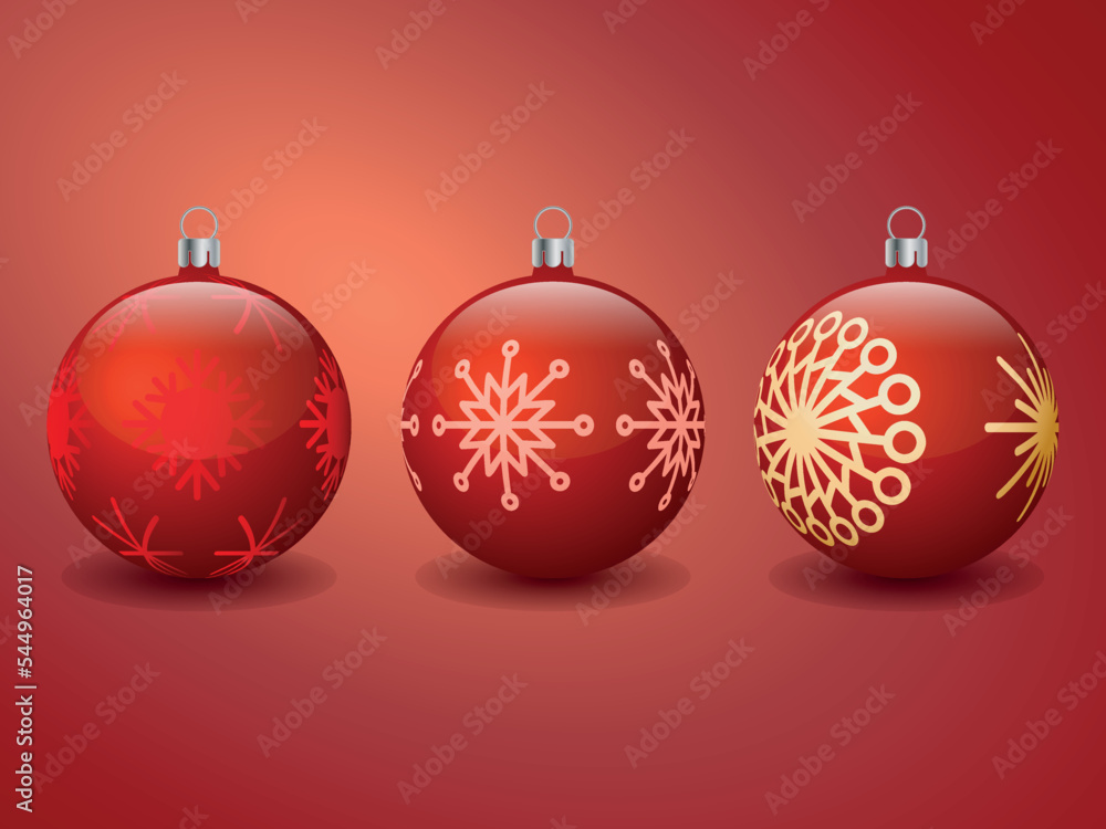 Red Christmas balls with a pattern on a red background, vector image