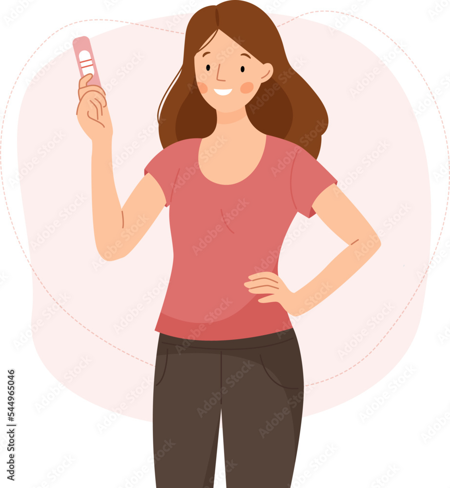Scene with a happy woman holding a pregnancy test. Positive pregnancy test, two lines. Motherhood. Vector flat illustration. Scene with a happy woman holding a pregnancy test. Positive pregnancy test, two lines. Motherhood. Vector flat illustration.