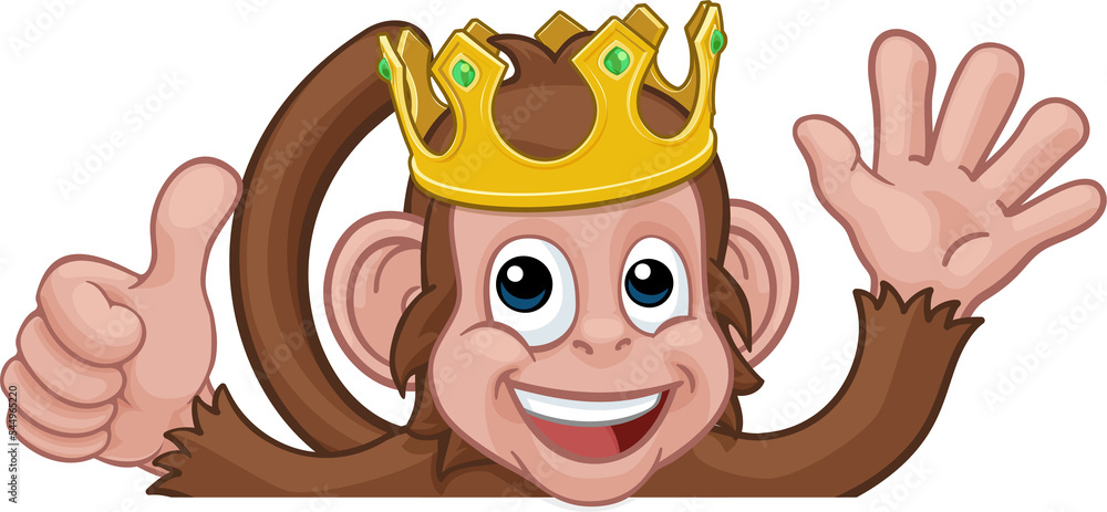 Obraz premium Monkey King Crown Thumbs Up Waving Sign Cartoon