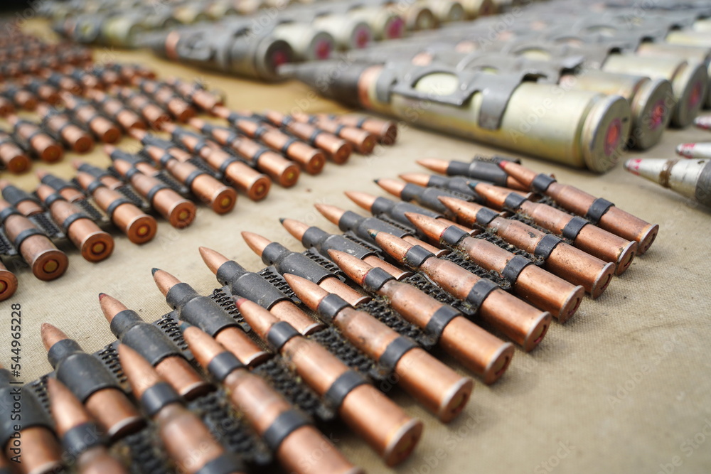 Almaty, Kazakhstan - 04.14.2022 : Ammunition is stacked in a row during military exercises. Almaty, Kazakhstan - 04.14.2022 : Ammunition is stacked in a row during military exercises.