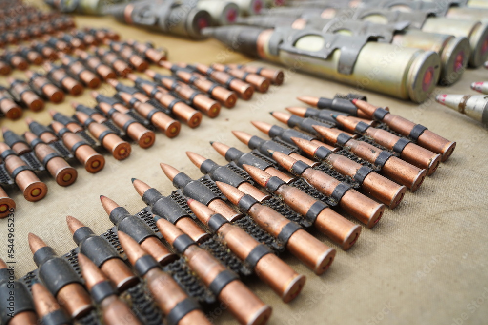 Almaty, Kazakhstan - 04.14.2022 : Ammunition is stacked in a row during military exercises. Almaty, Kazakhstan - 04.14.2022 : Ammunition is stacked in a row during military exercises.