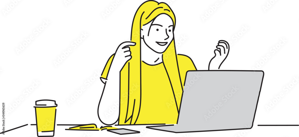 Surprised woman looking computer screen siting at table with coffee and open notebook line art.