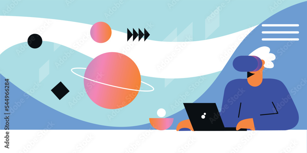 Academic student sitting at desk and interacting with virtual reality, she wearing VR headset and learning in metaverse.  Metaverse flat vector illustration.