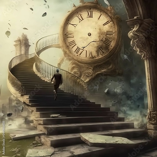 Large Staircase with Person Walking up it Overlooked by Large Clock | Chaos Running Out of Time Anxiety Concept | Created Using Midjourney and Photoshop