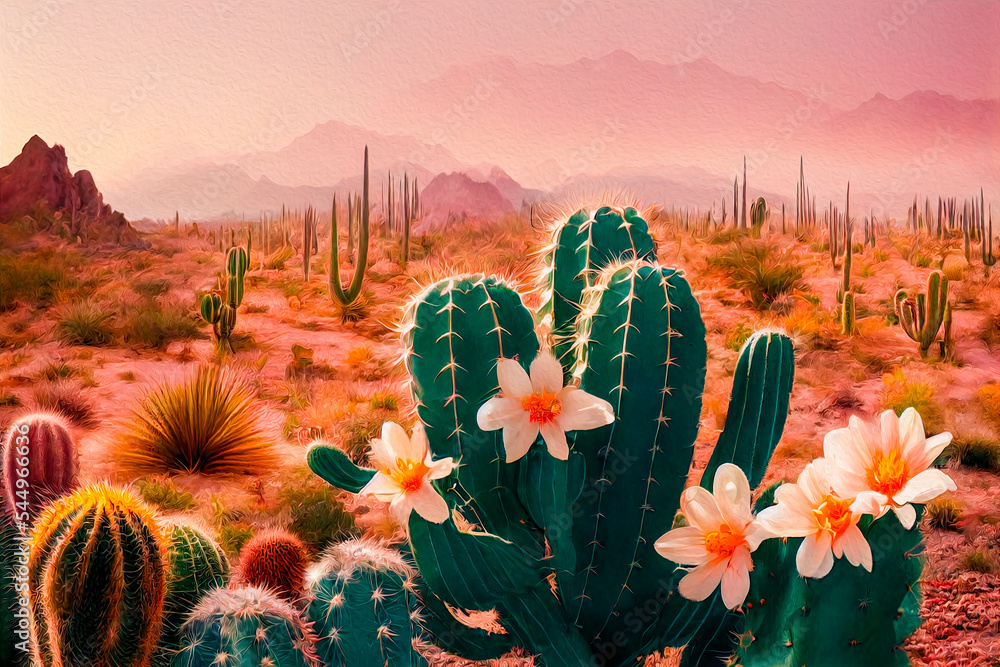 Desert landscape with blooming cacti and a line of mountains on