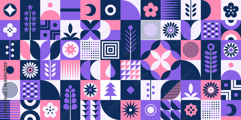 Geometric seamless pattern. Trendy floral design. Mosaic background. Neo geo art. Modern decorative banner. Vector illustration. Geometrical shapes. Abstract patterns. Swiss style. Flowers wallpaper. Geometric seamless pattern. Trendy floral design. Mosaic background. Neo geo art. Modern decorative banner. Vector illustration. Geometrical shapes. Abstract patterns. Swiss style. Flowers wallpaper.