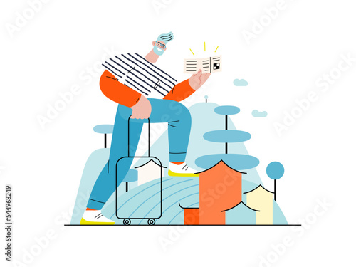 Travel shop -Online shopping and electronic commerce series -modern flat vector concept illustration of a travelling man with a case and ticket. Promotion, discounts, sale and online orders concept