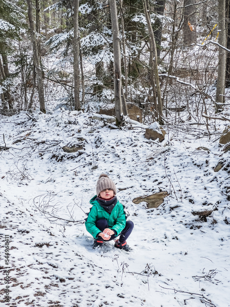 Boy playing with snow in forest