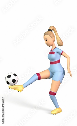 football player girl juggles a ball with her foot 3d-rendering
