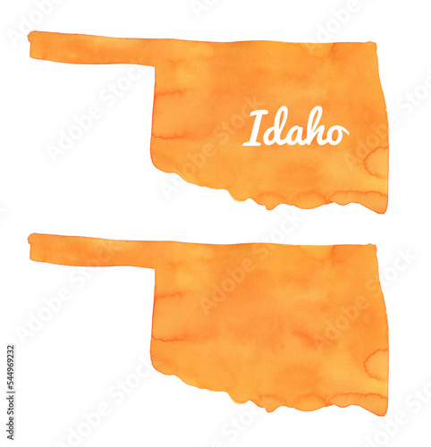 Watercolour drawing of Oklahoma State Map in bright orange color in two variation: blank and with text lettering. Hand painted water colour sketch, isolated clip art elements for design decoration. photo