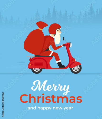 Merry Christmas and Happy New Year concept design flat banner. Santa rides a motor scooter