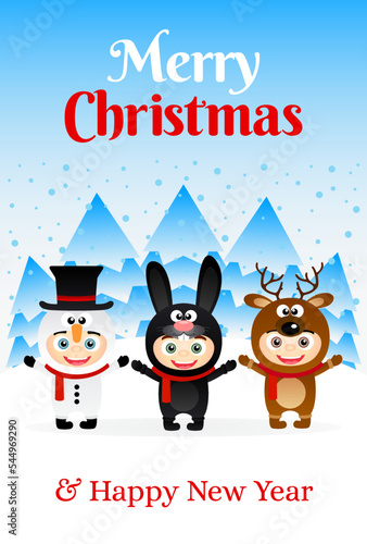 Merry Christmas and Happy New Year poster with kids in costumes Snowman, bunny and deer