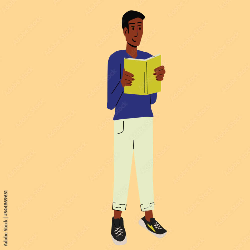 Black skin men standng and reading a book. African brunette young male learning flat style vector illustration Black skin men standng and reading a book. African brunette young male learning flat style vector illustration
