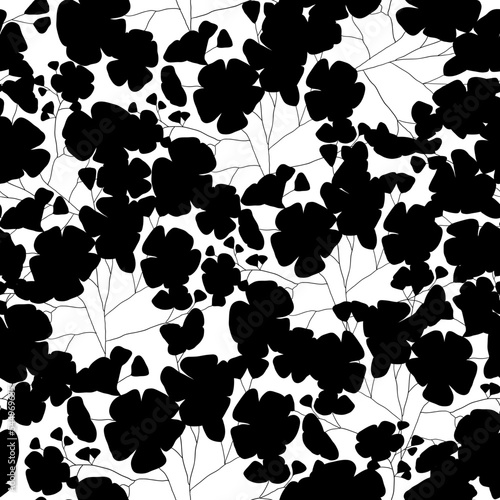 Black flowers vector seamless pattern. Hand drawn vintage botanical ink illustration in lace stile. Floral silhuette
