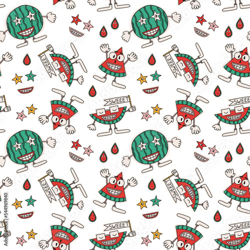 Retro cartoon funny watermelon characters. Seamless pattern y2k, 90s comic smile faces.Vector background.