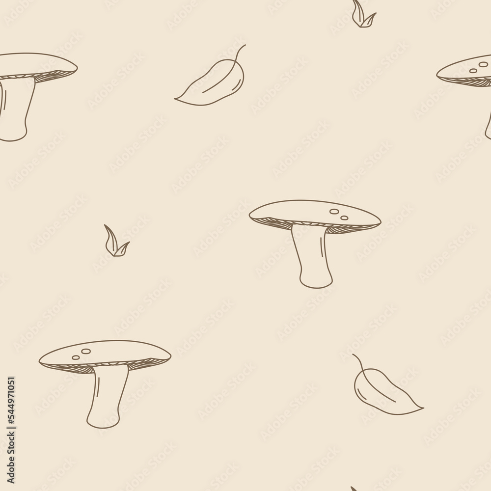 Seamless pattern with mushrooms, leaves and grass. Vector autumn texture, hand drawn in doodle style Seamless pattern with mushrooms, leaves and grass. Vector autumn texture, hand drawn in doodle style