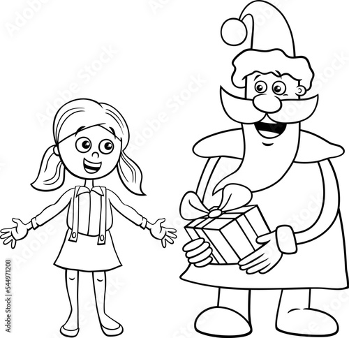 cartoon Santa Claus giving a gift to little girl coloring page