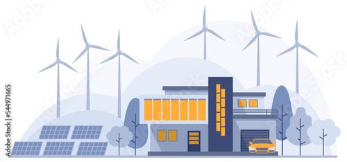 Green energy. Modern house, windmill and solar panel. Electricity production and consumption