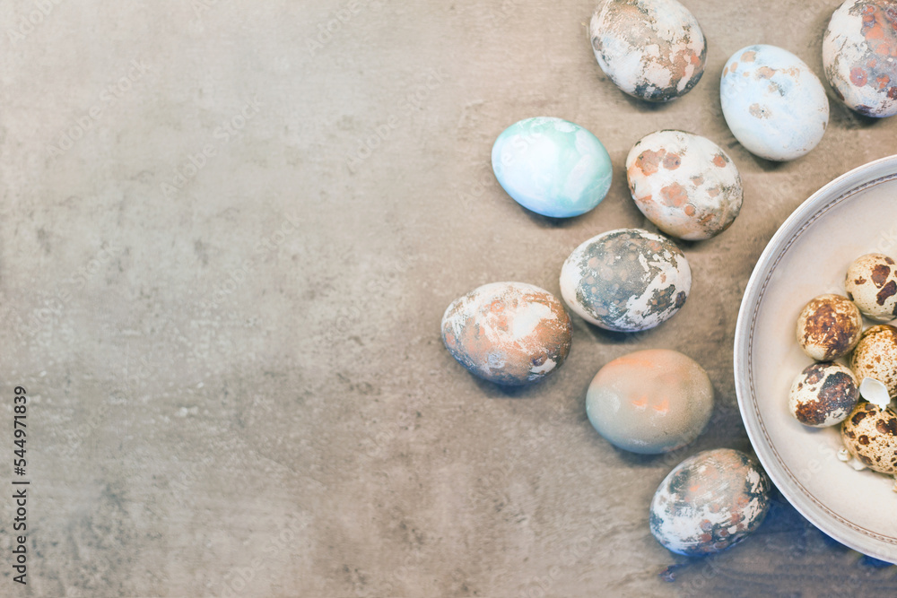 blue easter eggs on concrete. Happy Easter card: marble stone effect painted. top view, flat lay