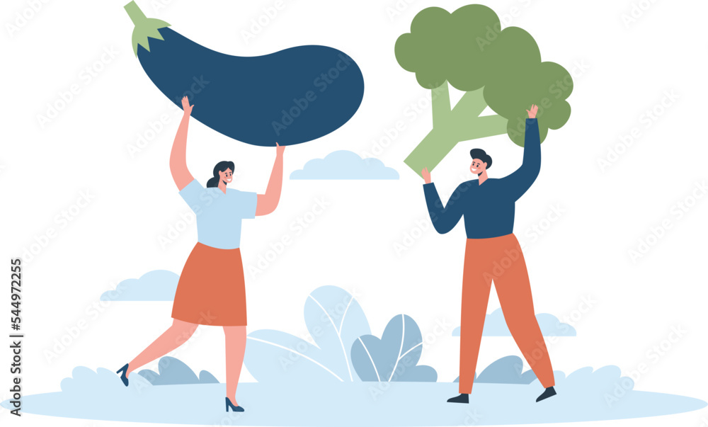 Flat vector illustration. Happy man and woman holding large vegetables. The concept of healthy eating Flat vector illustration. Happy man and woman holding large vegetables. The concept of healthy eating