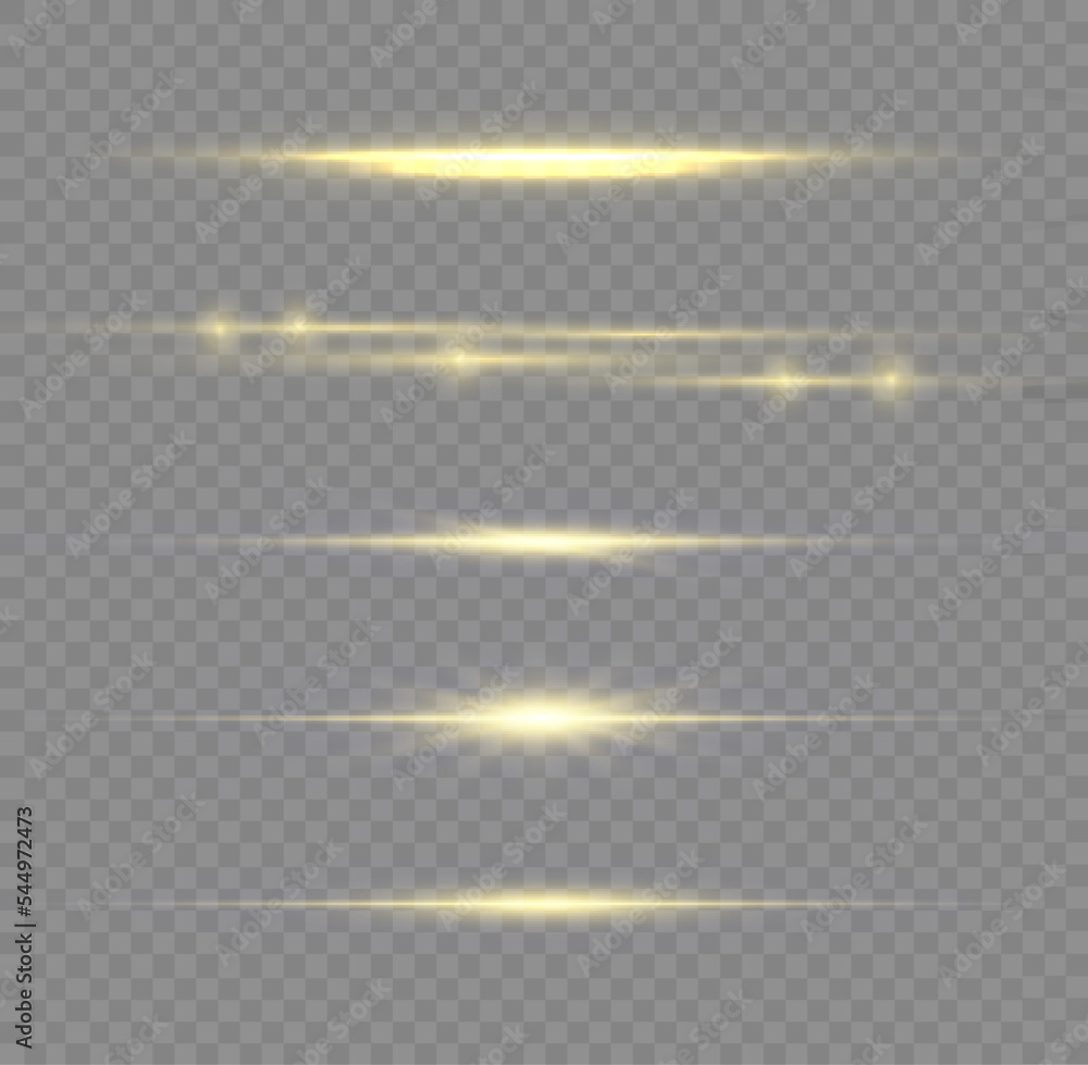 Particle motion effect. Magic of moving fast lines. Golden special effect, speed line. Laser beams, horizontal yellow light rays. Glowing gold flare spark and flash lights. Luminous trail. Vector - obrazy, fototapety, plakaty 