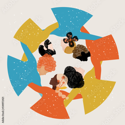 men and women embraced in a circle - racial, social and gender diversity