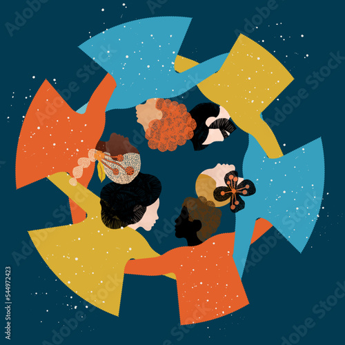 men and women embraced in a circle - racial, social and gender diversity - sky background