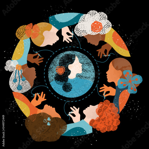 diversity people - circle of white, black and latina women meditating in black backround