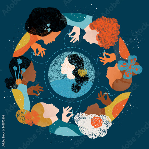 diversity people - circle of white, black and latina women meditating