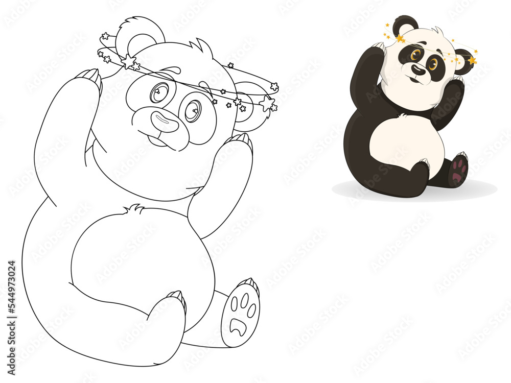 Cute coloring - confused panda with stars around his head. Cartoon children's illustration. Cute coloring - confused panda with stars around his head. Cartoon children's illustration.
