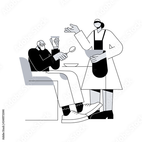 Home help abstract concept vector illustration. Home nursing services, care allowance, family carer, doctor help and support, old patient, serving dinner, senior on wheelchair abstract metaphor.