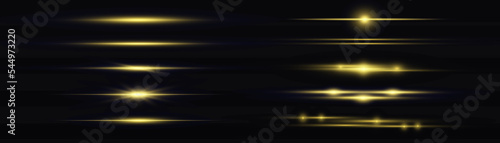 Particle motion effect. Magic of moving fast lines. Golden special effect, speed line. Laser beams, horizontal yellow light rays. Glowing gold flare spark and flash lights. Luminous trail. Vector photo