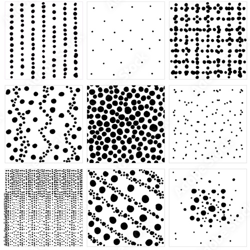 Vector Set of square backgrounds. Graphic black and white drawing of dots, circles, peas. Doodle textures, silhouettes, prints. Abstract textures are templates for repainting and masks.