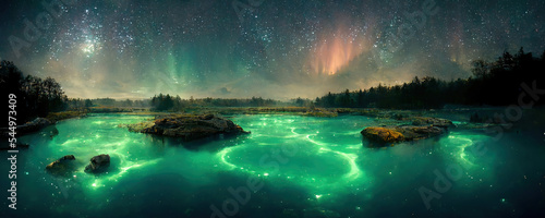 Canvastavla Lovely night sky landscape with aurora borealis reflecting on the water of lake, concept art