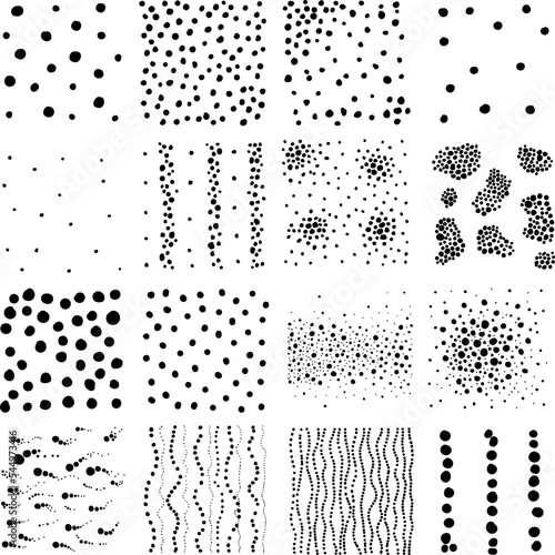 Vector Set of square backgrounds. Graphic black and white drawing of dots, circles, peas. Doodle textures, silhouettes, prints. Abstract textures are templates for repainting and masks.