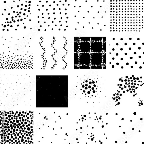 Vector Set of square backgrounds. Graphic black and white drawing of dots, circles, peas. Doodle textures, silhouettes, prints. Abstract textures are templates for repainting and masks.