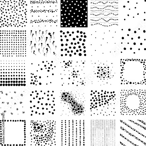 Vector Set of square backgrounds. Graphic black and white drawing of dots, circles, peas. Doodle textures, silhouettes, prints. Abstract textures are templates for repainting and masks.